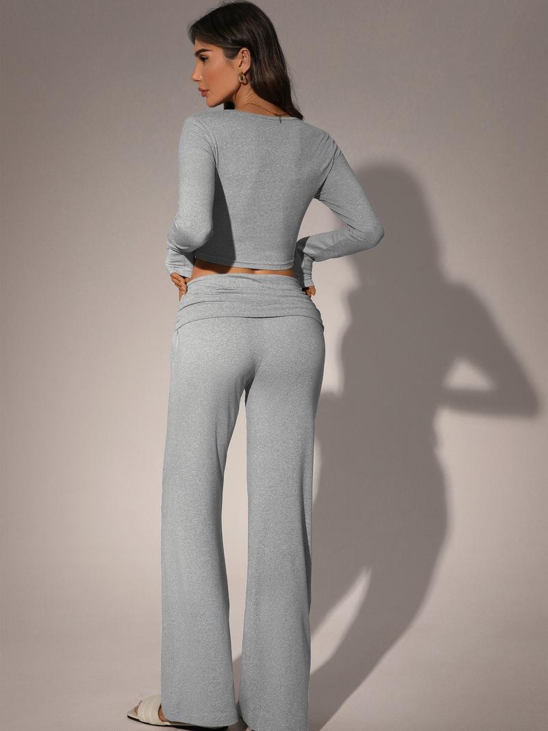 Women's 2-Piece Loungewear Set, Sexy Slim Fit, All-Season Comfort, Moderate Fabric, Ideal for Daily & Fitness, Plain Style