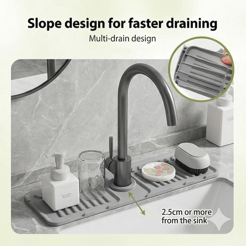 1pc Silicone Sink Faucet Splash Guard with Sloped Drainage, High Backing Water Catcher Mat, Non-Slip Sink Organizer Tray for Soap & Sponge, Waterproof Countertop Protector for Kitchen & Bathroom
