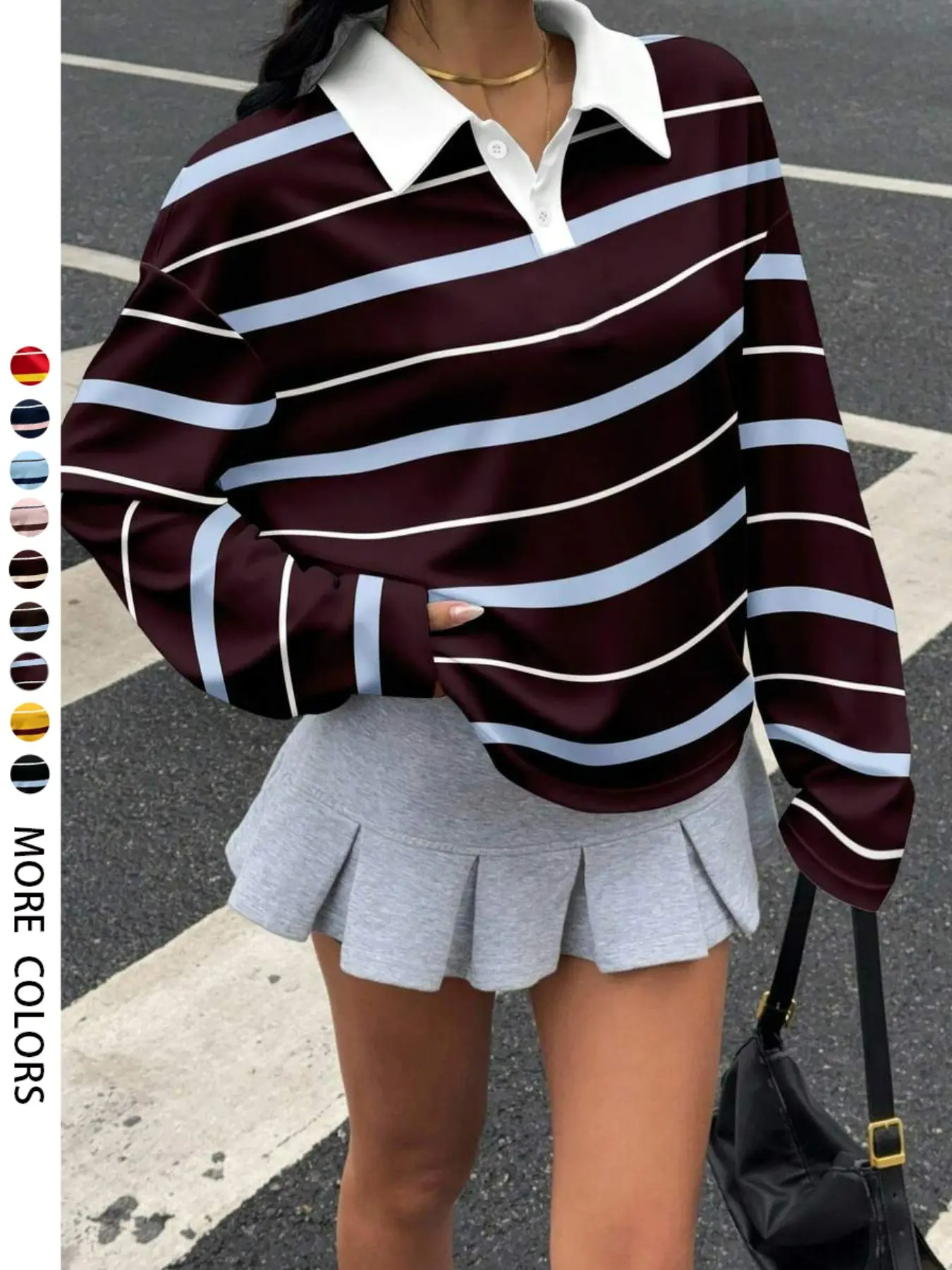 Women's Vintage Casual Striped Long Sleeve Polo Shirt, Casual Polo Top, Loose-Fit Pullover, Spring & Fall Fashion, Streetwear, Campus, Daily Wear