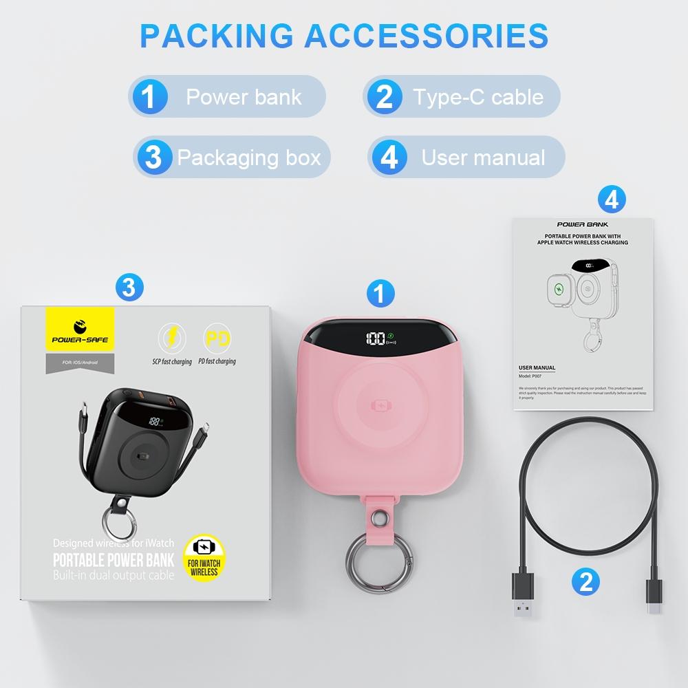 10000mAh Mini Wireless watch charger with Digital Display & Finger Ring Stand, PD20W Fast Charging Battery Pack for iPhone 15/14/13/12/11/Pro/Pro Max, Samsung Android Phones, Includes Type-C and iOS Cables