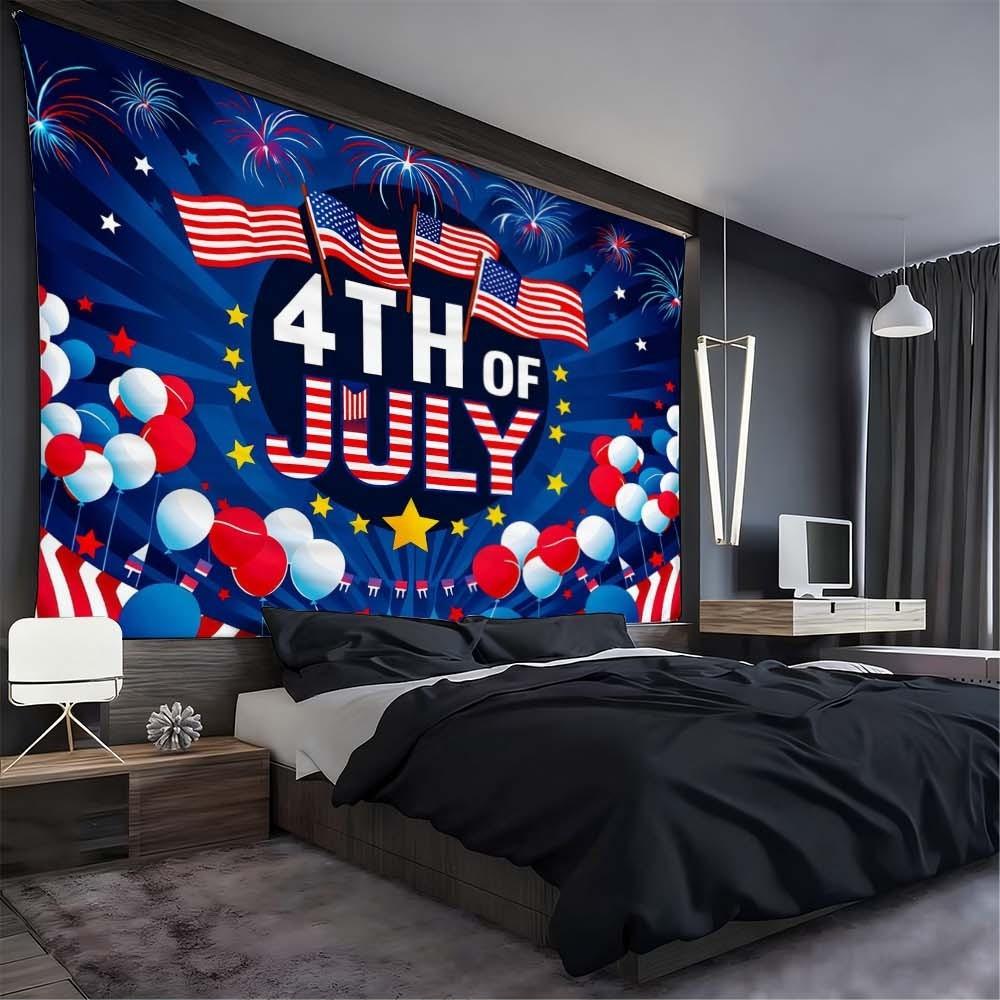 1PC Independence Day themed tapestry for enhancing home atmosphere perfect for bedrooms and living rooms ideal for gatherings and celebrations wall decoration featuring vibrant stars stripes flags and fireworks background fabric adding festive vibes to an