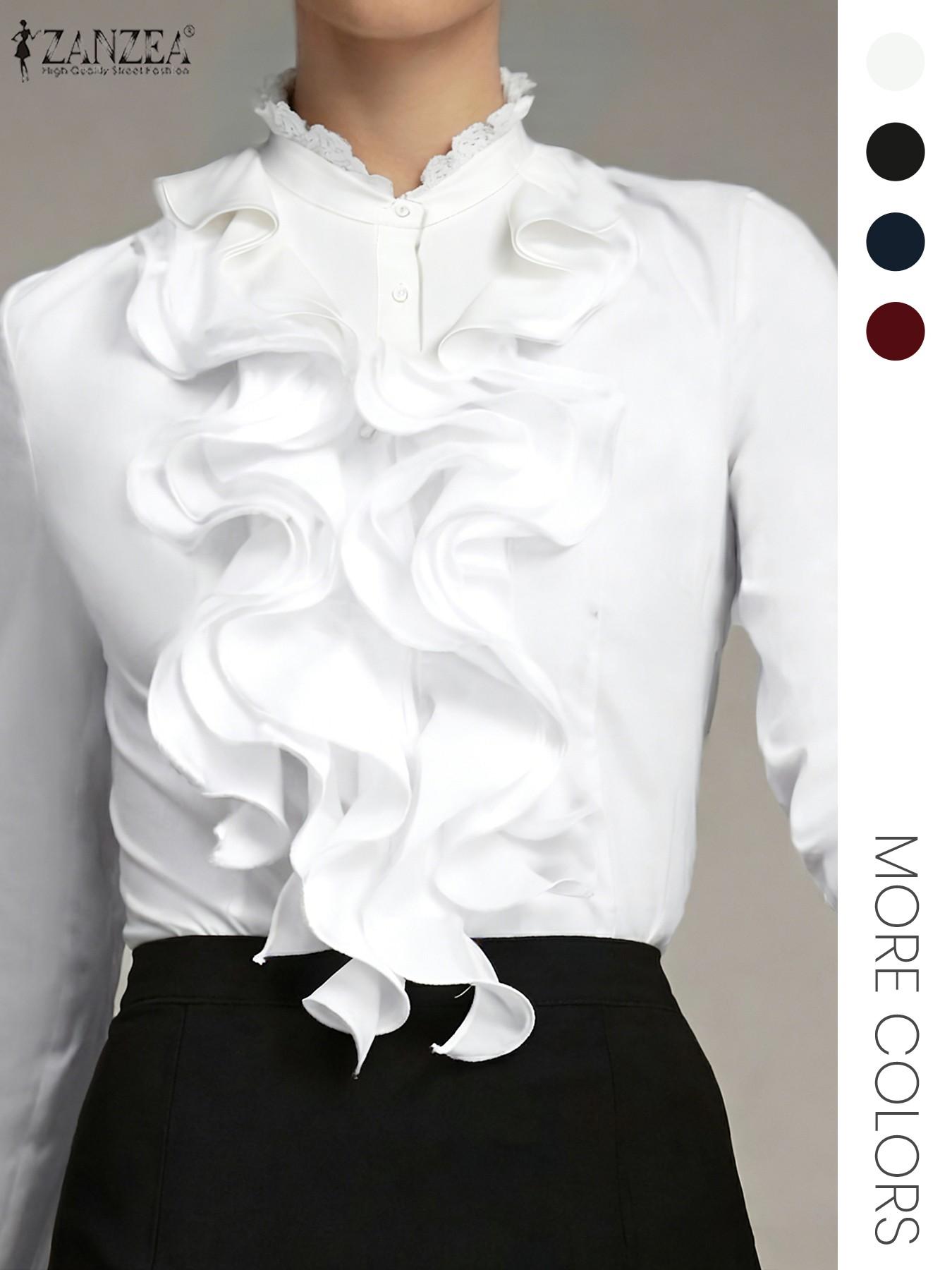 Women's Plain Ruffle Trim Button Front Blouse, Elegant Fitted Long Sleeve Stand Collar Top for Work Office Business, Women's Clothing for Fall & Winter