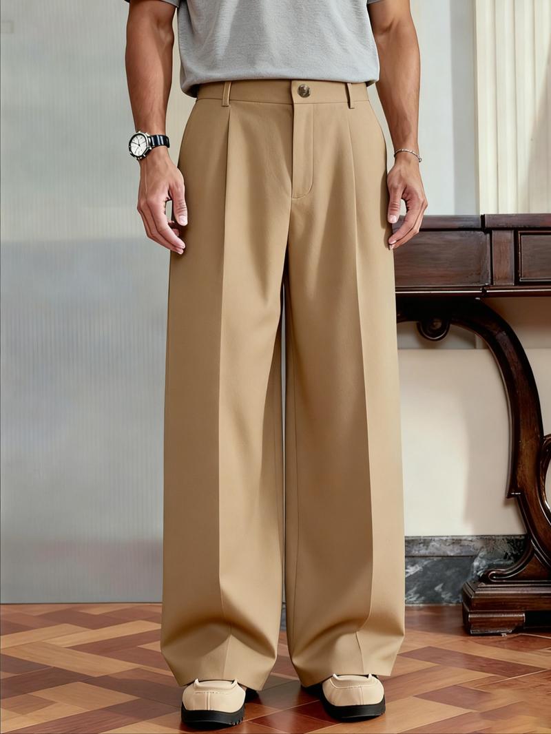 Men's Versatile Solid Color Wide Leg Pants, Casual Minimalist Trousers, Unique Button Design, Fitted Style, Perfect for Parties and Daily Wear Men's Versatile Solid Color Wide Leg Pants, Casual Minimalist Trousers, Unique Button Design, Fitted Style, Perfect for Parties and Daily Wear