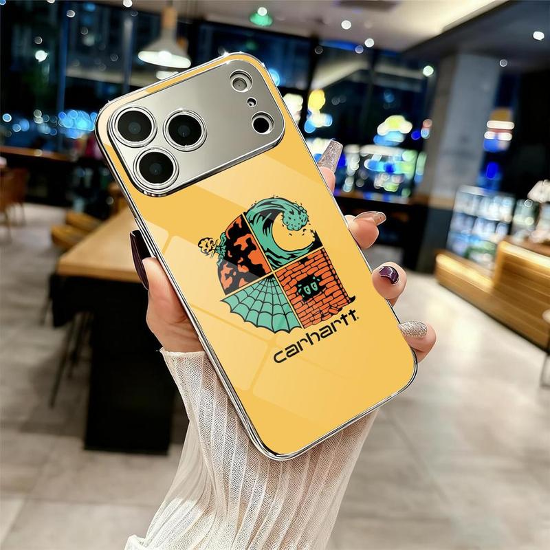 Famous Trend C-C-Carhartt Phone Case For iPhone 17 16 15 14 13 12 Pro Max Plus Electroplated Metal Bumper Case Slim Tempered Glass Back Shockproof Anti-Scratch Luxury Case Fashion Durable Stylish