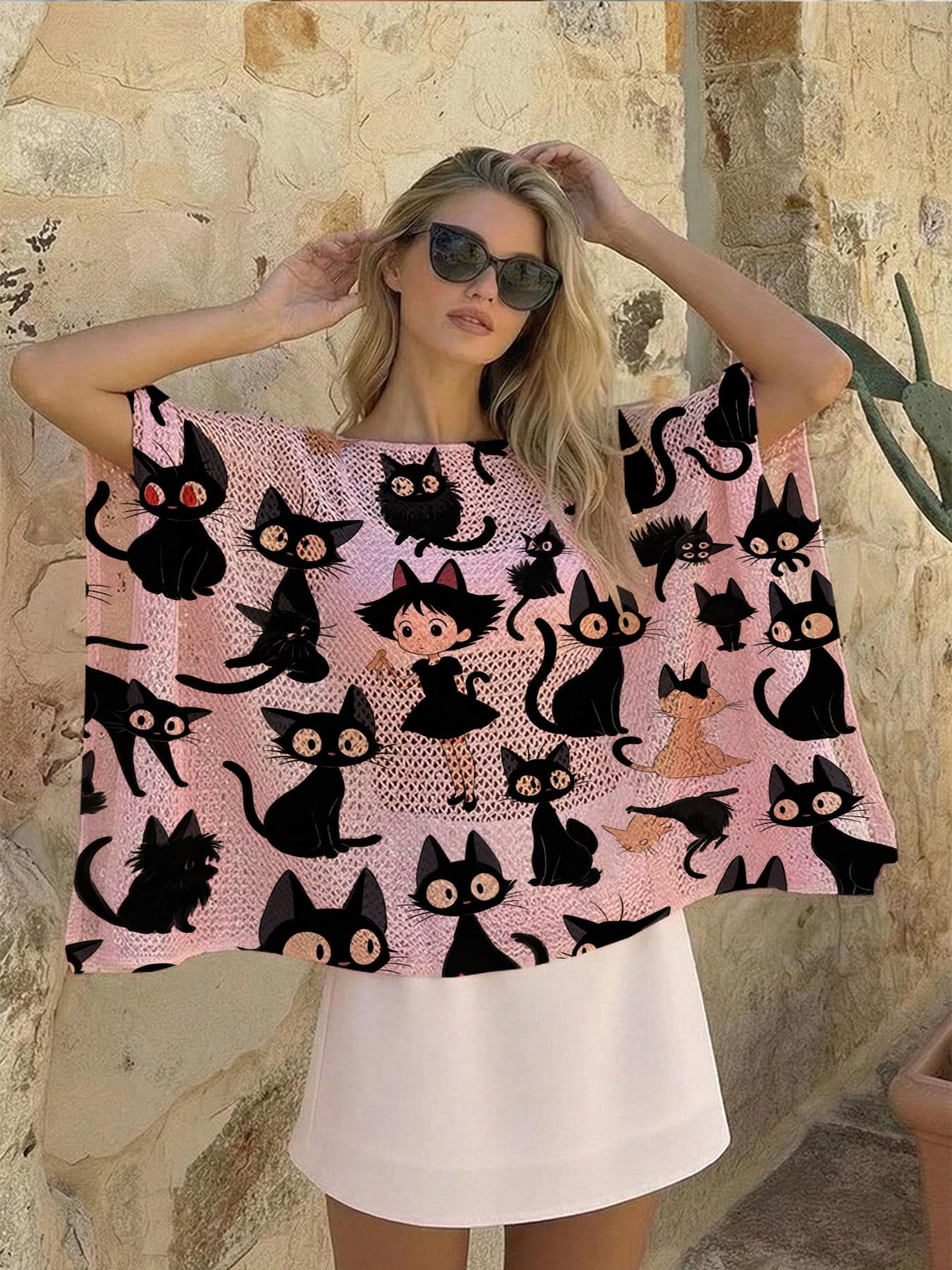 Elegant Cartoon Animal Print One-Shoulder Long Sleeve Knit Top, Casual Vacation Style, Comfortable Breathable Women's Shirt, Spring Summer Fall Fashion