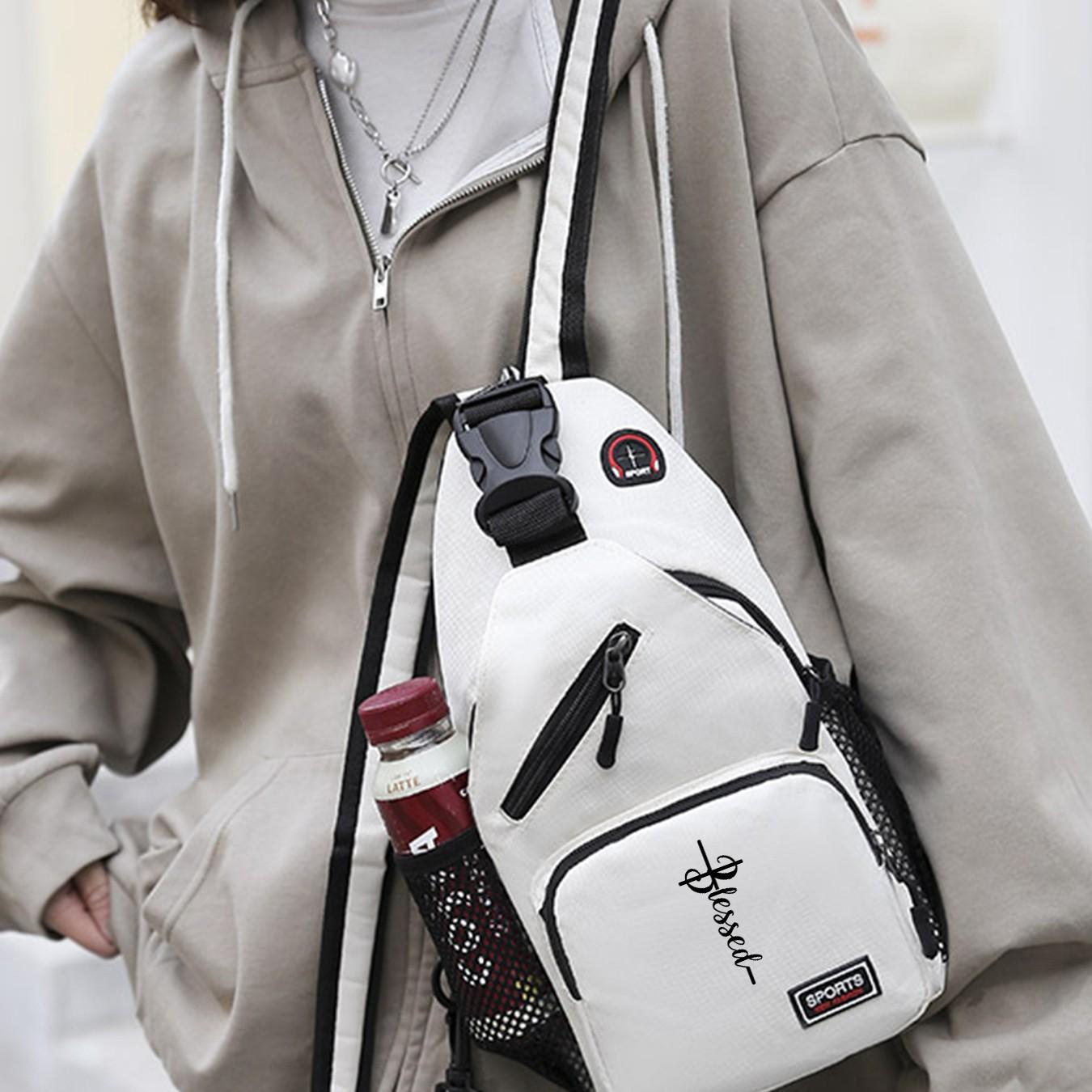 "Blessed" Cross Print Sling Backpack, Unisex Small Casual Chest Bag, Portable Crossbody Rucksack for Daily Use, Gift for Trendsetters, Budget-Friendly