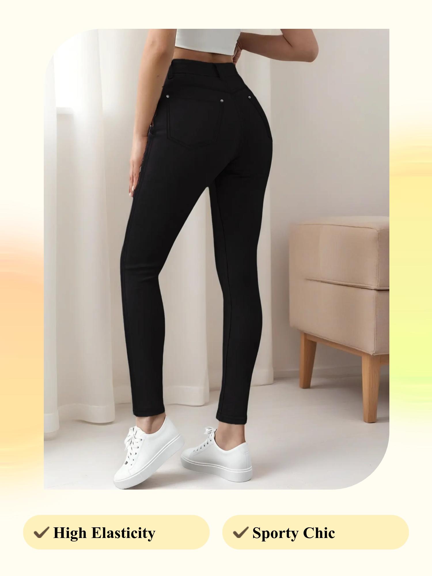 Women's Button-Fly Skinny Pants with Pockets, Casual, Comfy Pants for Daily Wear, Ladies' Bottoms for All Seasons (One Size Up is Recommended)