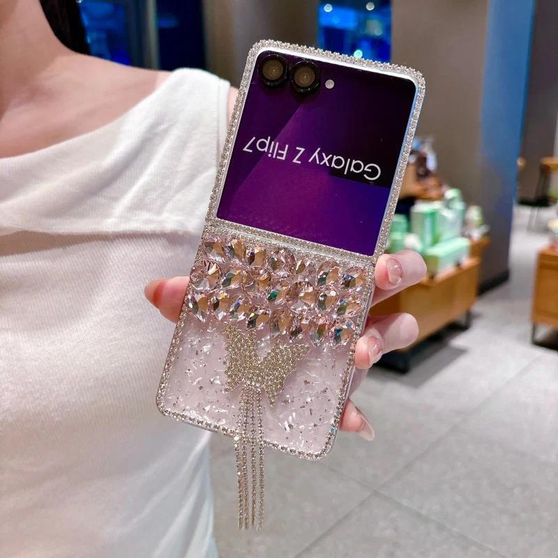 Luxury Rhinestone Butterfly Cute Phone Case For Samsung Galaxy Z Flip 7 6 5 4 Z Flip6 ZFlip7 Cover Korean Hard Cases ZFlip7 Capa