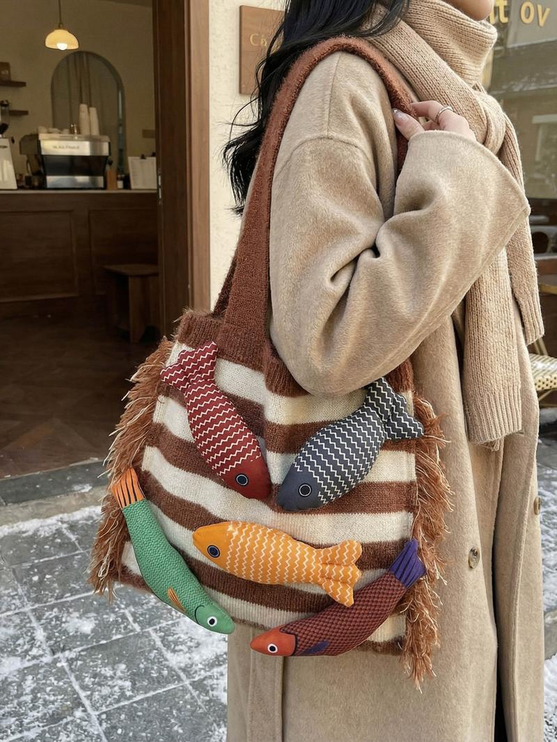 Stylish Rainbow Color Women's Knitted Bag with Colorful Fish Pattern, Versatile Shoulder Bag for Work, Shopping, Outings and Daily Use