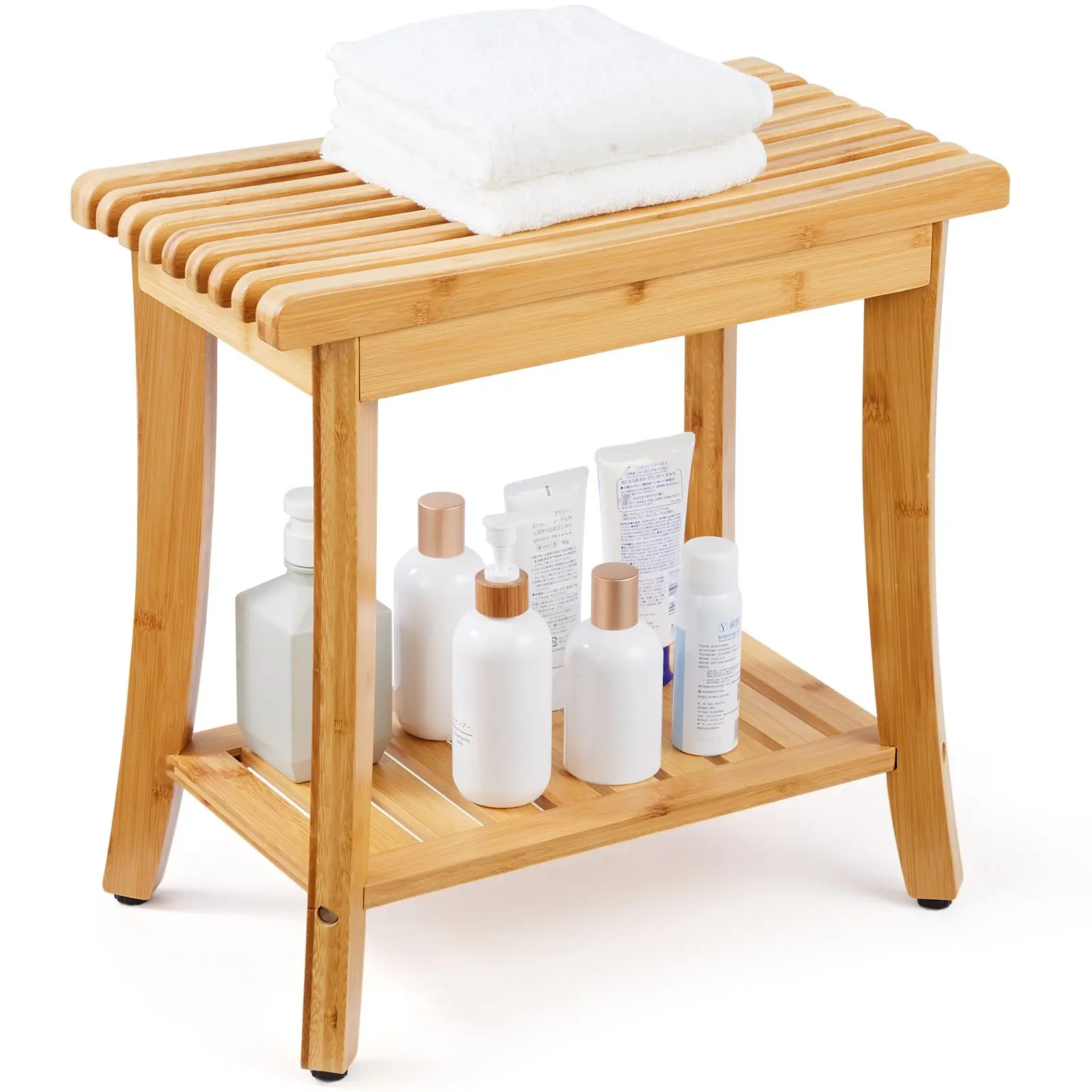 Natural Bamboo Shower Bench 19.1 x 11.3 x 18.3 Inches, Bathroom Shower Stool Chair, Eco Friendly Durable Wood Bath Bench with Non Slip Feet, Waterproof Finish, Easy To Clean, Lightweight Yet Sturdy Spa Accessory