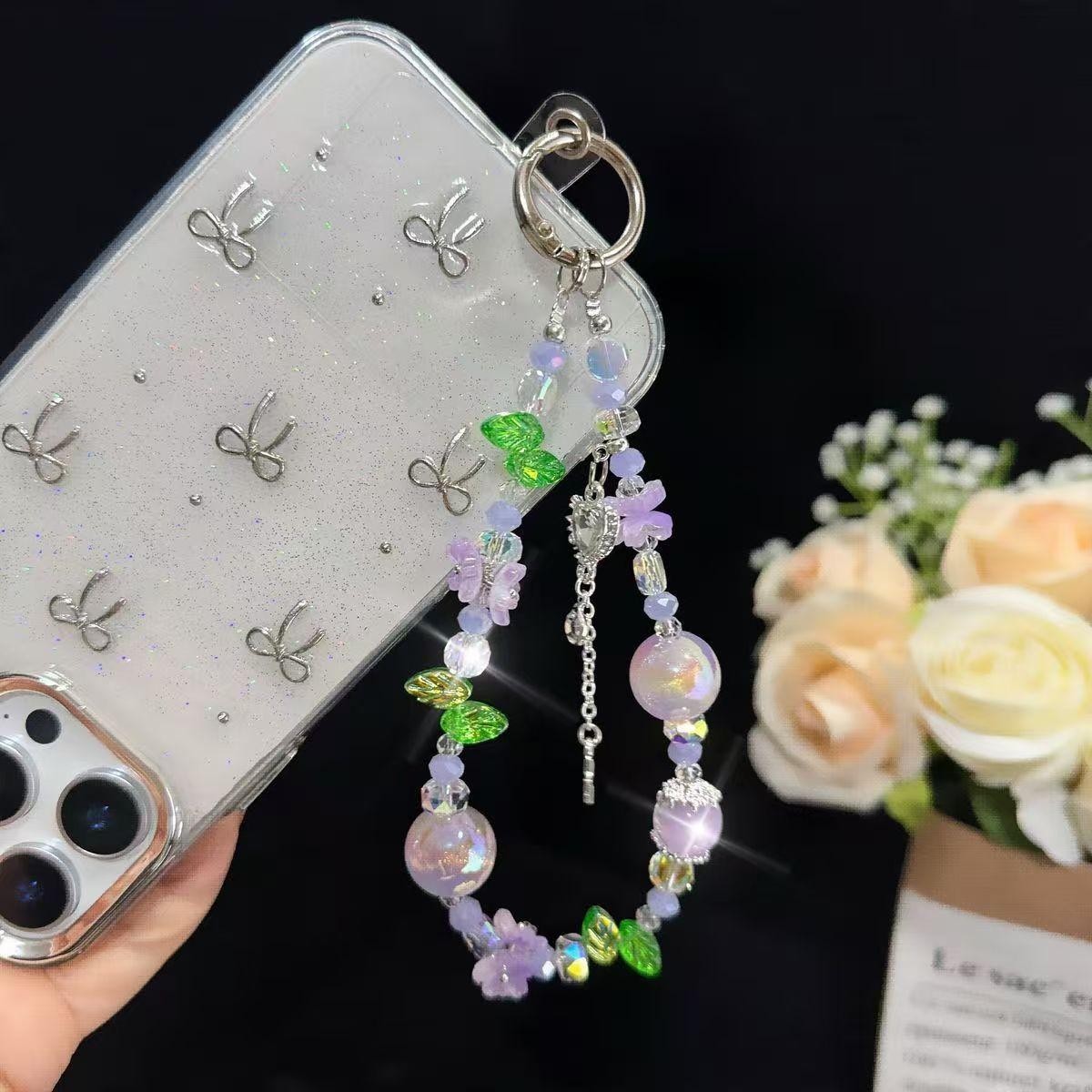 European Style Crystal Phone Charm, Blue Flower Leaf Pearl Silver Star Pendant, Anti-Loss Phone Chain, Fits Phone Case, Ccd Camera Bag Strap