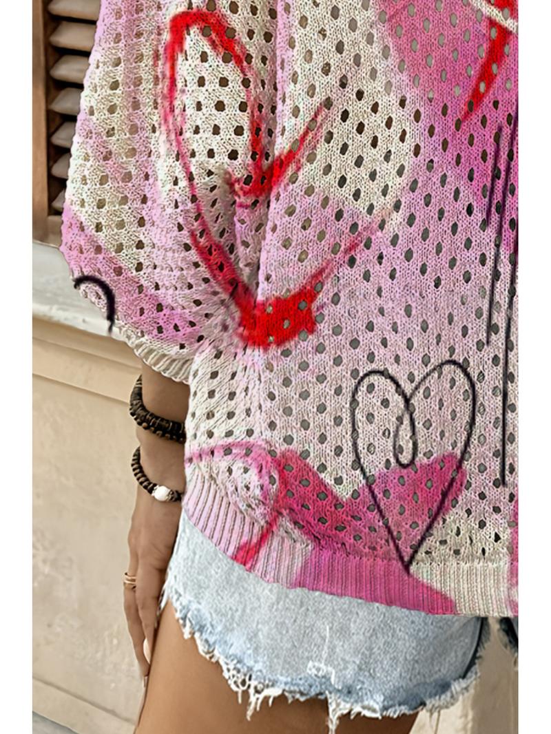 Spring and summer, round collar hollow out loose even shoulder sleeve blouse, bat hit color gradient printing multiple love lady knitted blouse, valentine's day holiday wind, casual elegant commuter vest smock, bikini smock, Bohemia resort wind sea smock
