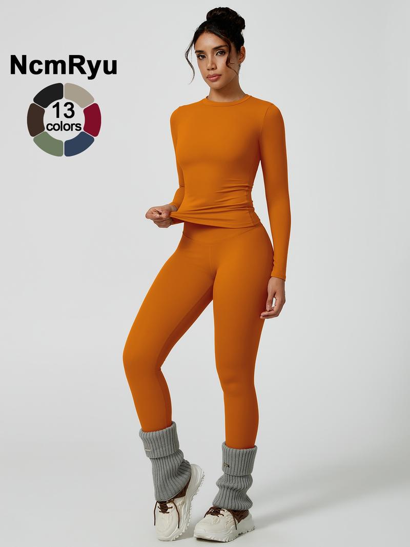 Two-Piece Set Women's Patchwork High Elastic Soft Round Neck Flat Shoulder Long Sleeve Slim Fit Beautiful Hip Tight Pants Yoga Clothes suit Four Seasons Outdoor Running Cycling Hiking Walking Shopping Fashion suit Gym Sporty High Stretch