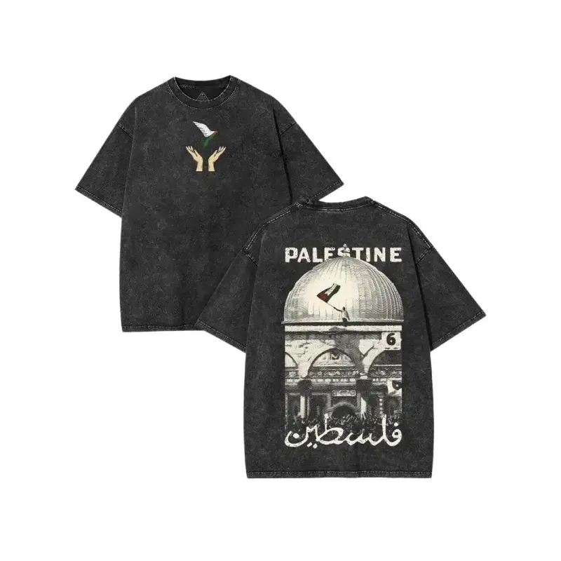 Men's Palestine Freedom Vintage Oversized Fitted Round Neck Heavy Cotton Tee - Double-Sided Washed, Hope Graphic, Figure Print, Solidarity Retro Streetwear, Limited Drop, Distressed Casual, Festive Father's Day Gift, Sports Top, Unisex, Graphic Tee