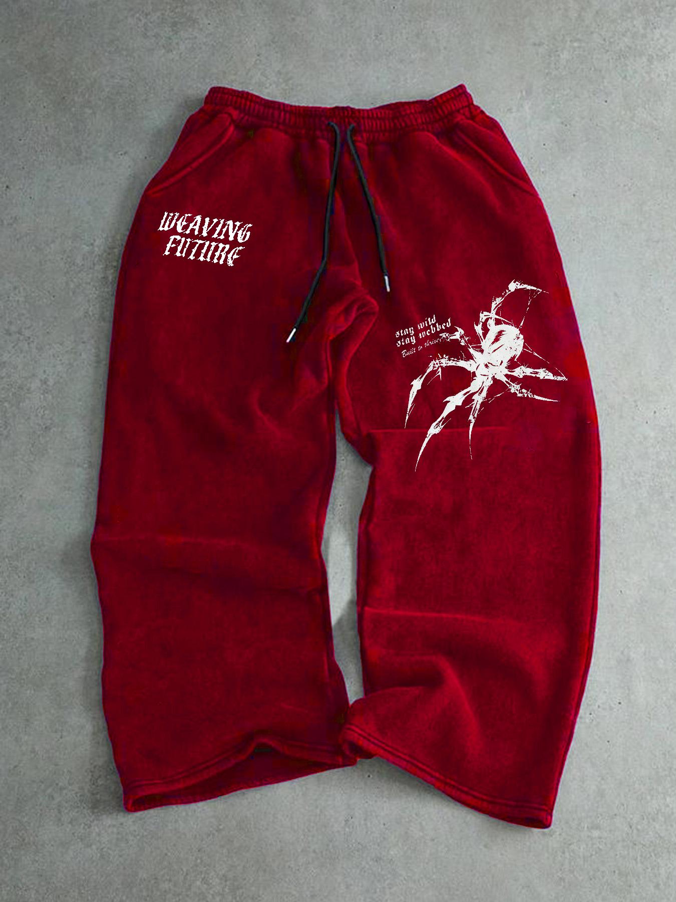 Men's Letter & Spider Print Drawstring Waist Loose Straight Leg Pants, Casual Lounge Pant, Casual Fall Winter Fitted Design, Multiple Colors Available