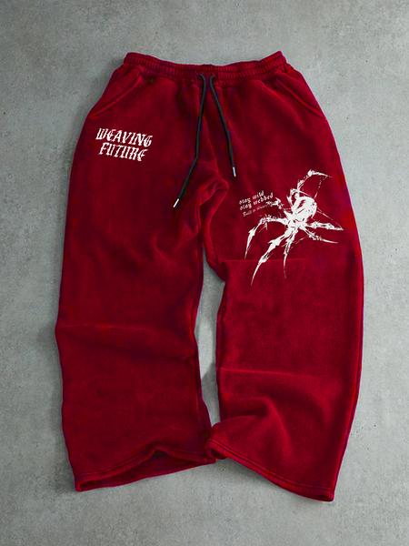 Men's Letter & Spider Print Drawstring Waist Loose Straight Leg Pants, Casual Lounge Pant, Casual Fall Winter Fitted Design, Multiple Colors Available