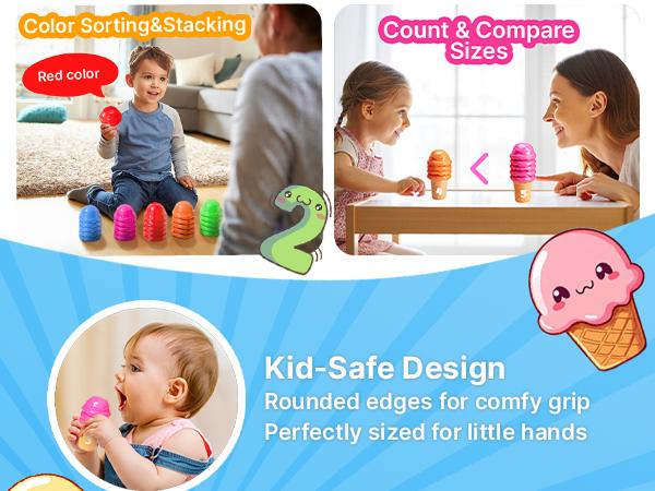 JoyCat Ice Cream Preschool Learning Activities Counting and Color Sorting Set Stacking Toys, Montessori Stacking Fine Motor Skills Toys