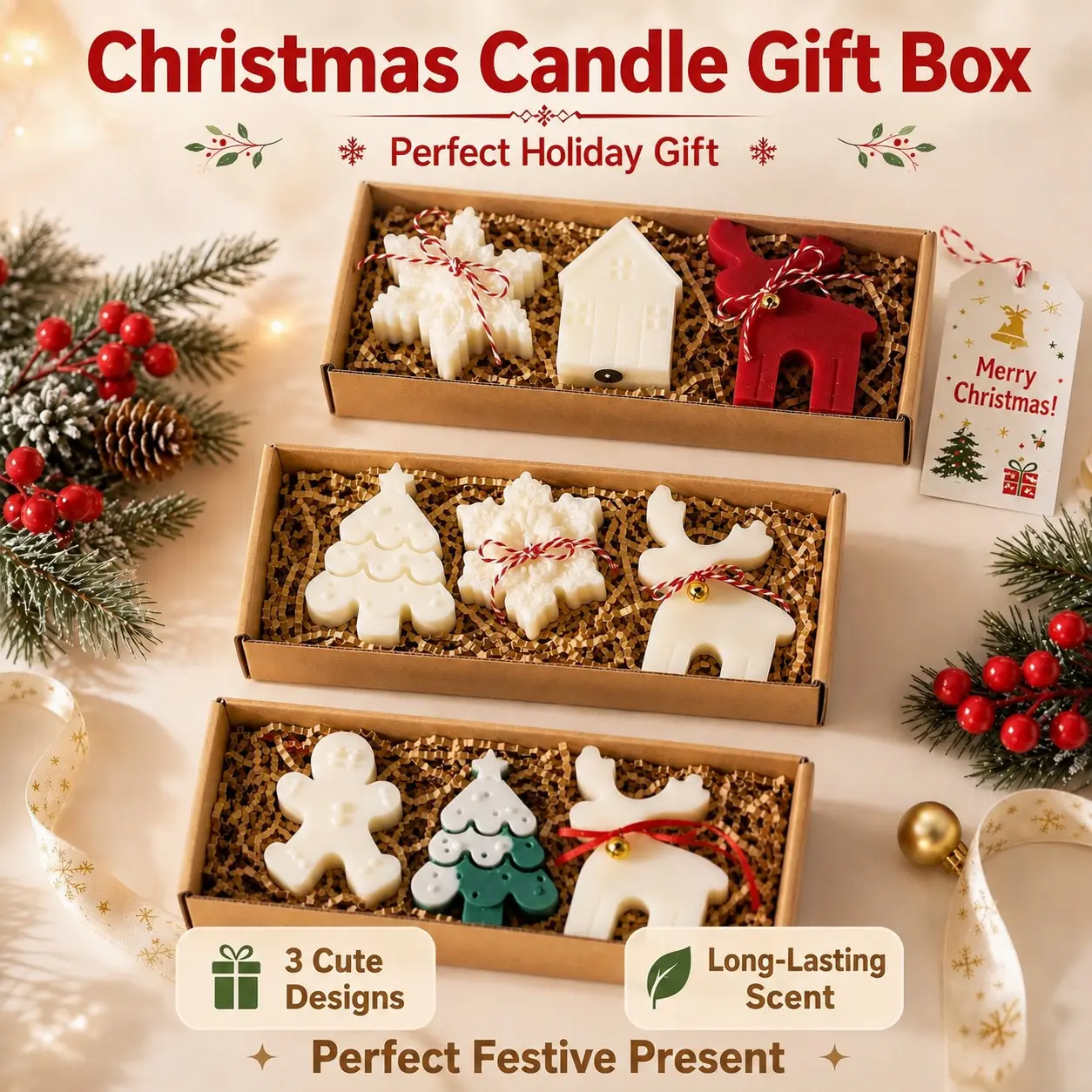 3pcs Christmas Theme Handmade Aromatherapy Candles Gift Box, Tree Reindeer Gingerbread Man Soy Wax Candles, Holiday Home Decor, Creative Birthday Gifts