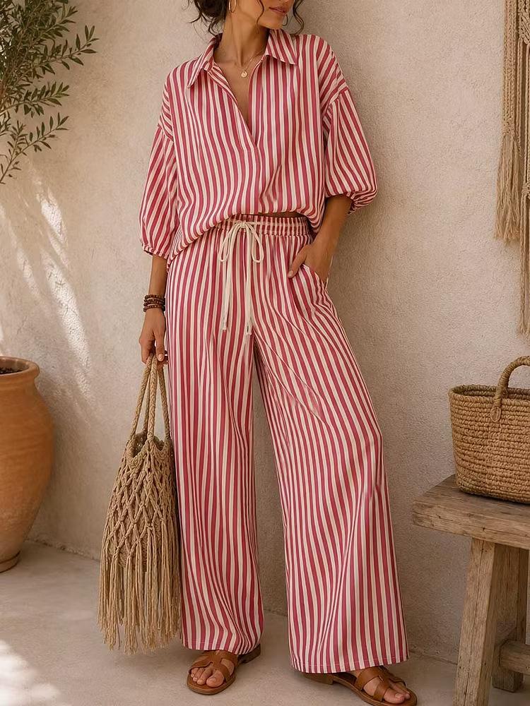 Women's Striped Pattern 2-Piece Set, Collared Neck Long-Sleeve Shirt + Loose-Fit Pants
