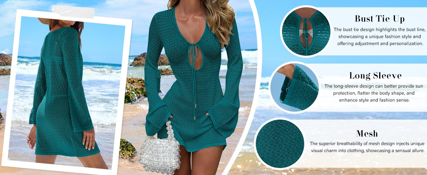 ANRABESS Womens Swimsuit Crochet Swim Cover Up Summer Bathing Suit Swimwear Hollow Out Mesh Knit Long Sleeve Beach Dress Vacation Outfits