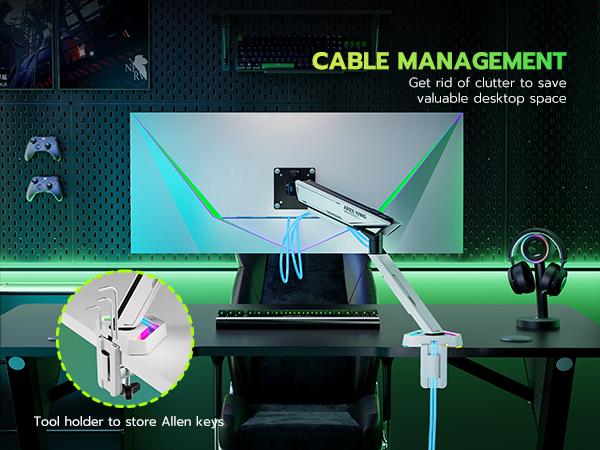 ARES WING RGB Monitor Arm Desk Mount for 17-45 inches Flat and Curved Monitors, Holds 35.2 lbs Heavy Duty, Adjustable Ultrawide Monitor Arm with Clamp & Grommet Base, 75/100 VESA Mount Ergonomic Office