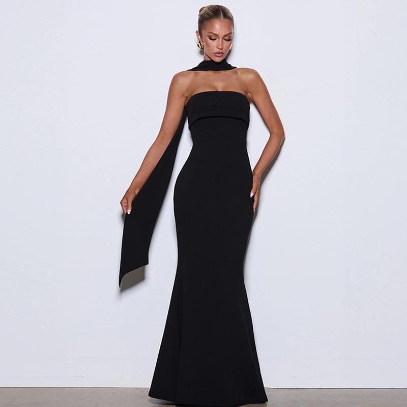 Women‘s Black Tie-neck Dress, Solid Ruched Sleeveless Strapless Backless Tube Dress & Halter Neck Scarf Ribbon Two-piece Set, Plain Back Zipper Maxi Long Dresses, Sexy Cocktail Party Club Date Evening Gown Wedding Guest Mermaid Dress Outfit For Ladies