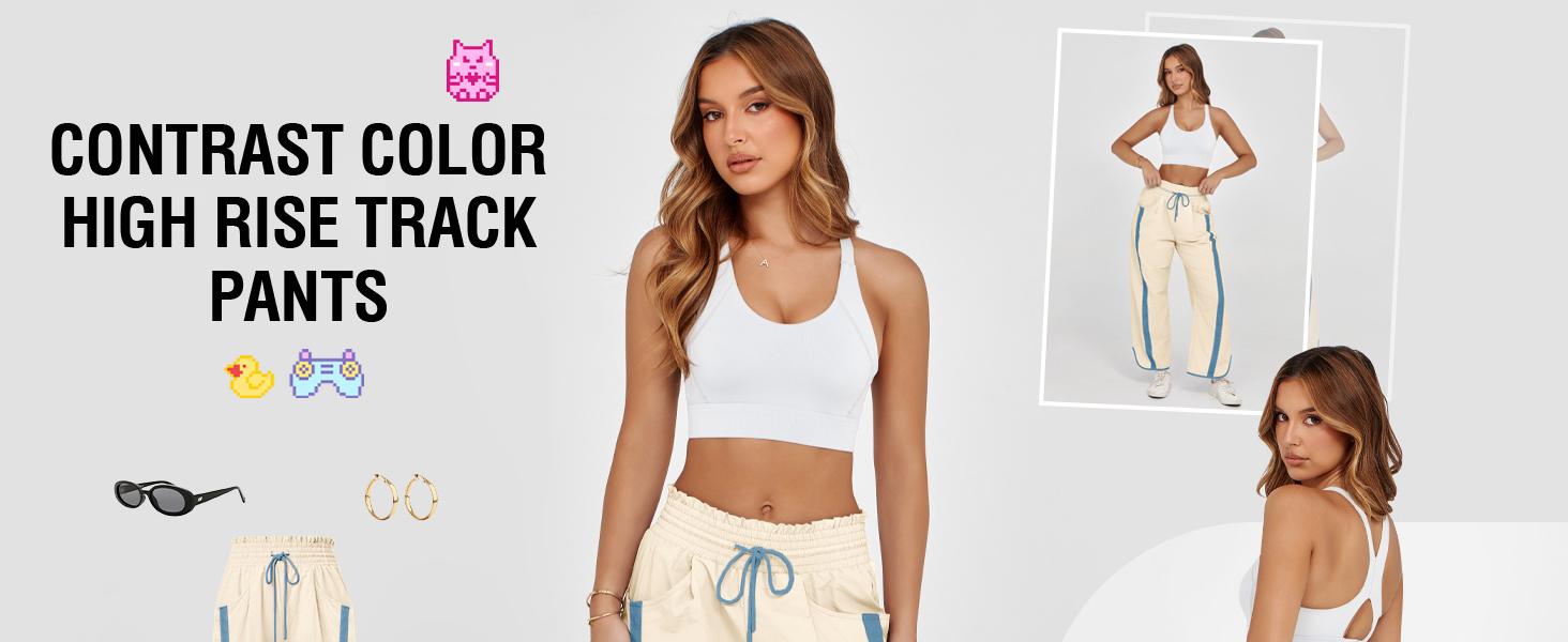 FISOEW Women's Baggy Wide Leg Pants Casual Drawstring Elastic Waisted Contrast Color Workout Y2K Track Pants Crop Top Comfort FallFreshness Lightweight Outdoor outfit cuffed wide leg sweatpants joggers #TikTokShopJumpstartSale Fitted Parachute sweatpants