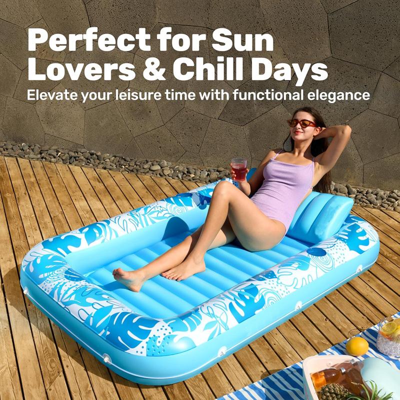 Inflatable Sun Lounger Float Ring with Cup Holder, 70x46 Inch Extra Large Adult Float with Pillow, 4-In-1 Pool Float, Party Gift