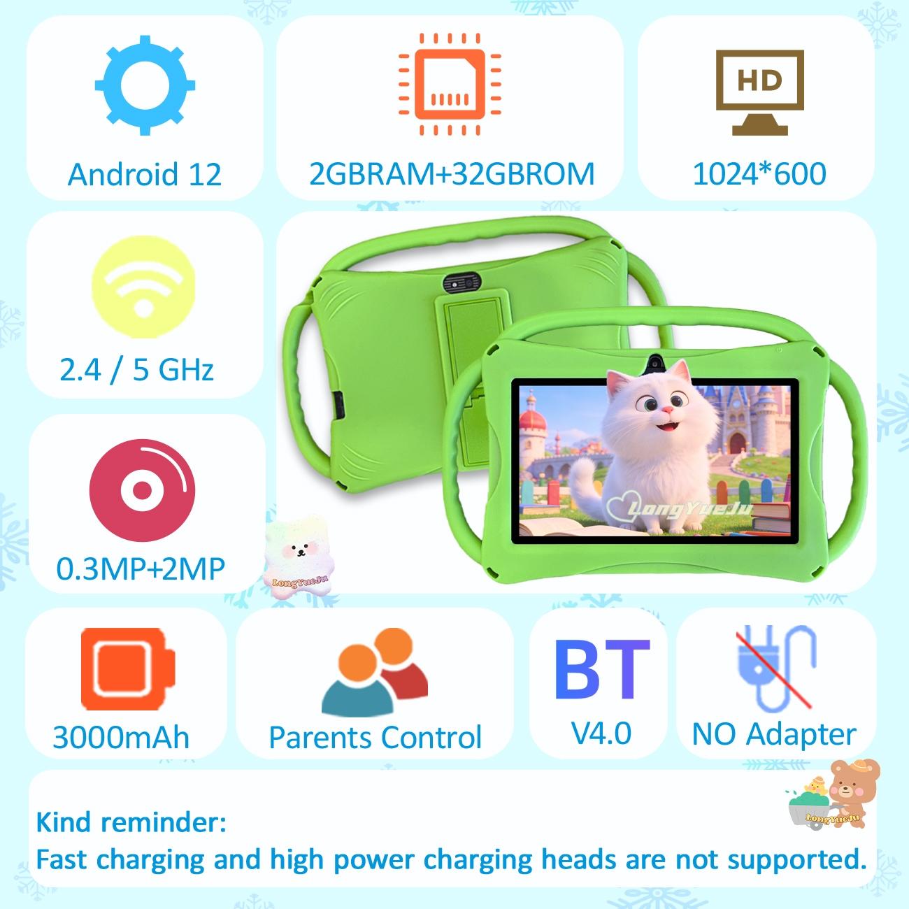 [GiftedInLove] Kids Learning Tablet 7 inch Android 12 Dual Cameras WiFi  Battery Protective Silicone Case Educational Apps Toddler Gifts Stress Relief Case Pink Blue New Year Gift