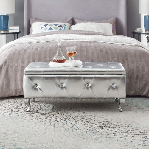 [Bellemave]Upholstered Storage Ottoman Bench For Bedroom End Of Bed Faux Leather Rectangular Storage Benches Footrest With Crystal Buttons For Living Room Entryway