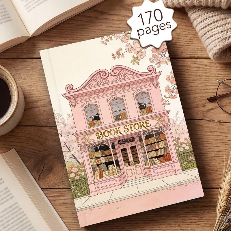 1pc A5 Reading Planner Notebook, Daily Reading Journal With Pink Bookstore & Bookshelf Illustrations, 170 Pages Reading Log And 52 Book Review Templates, Stationery For Book Lovers To Record Book Notes And Quotes, Journaling Supplies