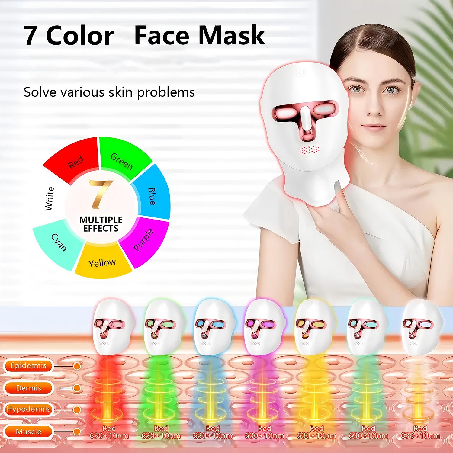 Cordless 7 Color LED Facial Neck Mask, Rechargeable Portable LED Light Mask, Ergonomic Portable Skincare Tool for Home Travel Yoga, LED Face Mask for Personal Skincare, Ideal Gift for Women Men