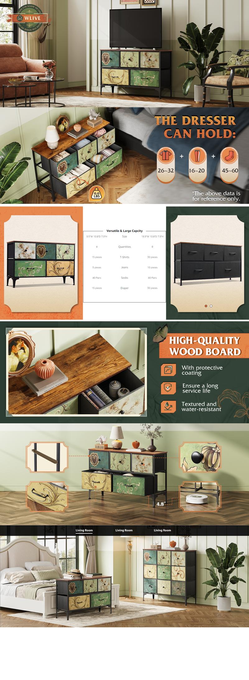 WLIVE Dresser for Bedroom with 5 Drawers, Wide Chest of Drawers, Fabric Dresser, Storage Organizer Unit with Fabric Bins for Closet, Living Room, Hallway, Floral Painted