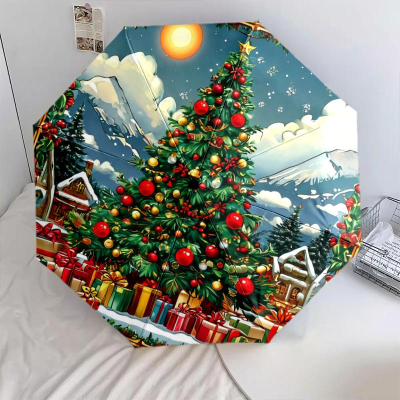 Festival Christmas Tree Printed New Universal Umbrella, Automatic Folding Umbrella, Portable Foldable Design Travel Umbrella, Outdoor Umbrella, Black Friday, Christmas, Birthday Gift C362