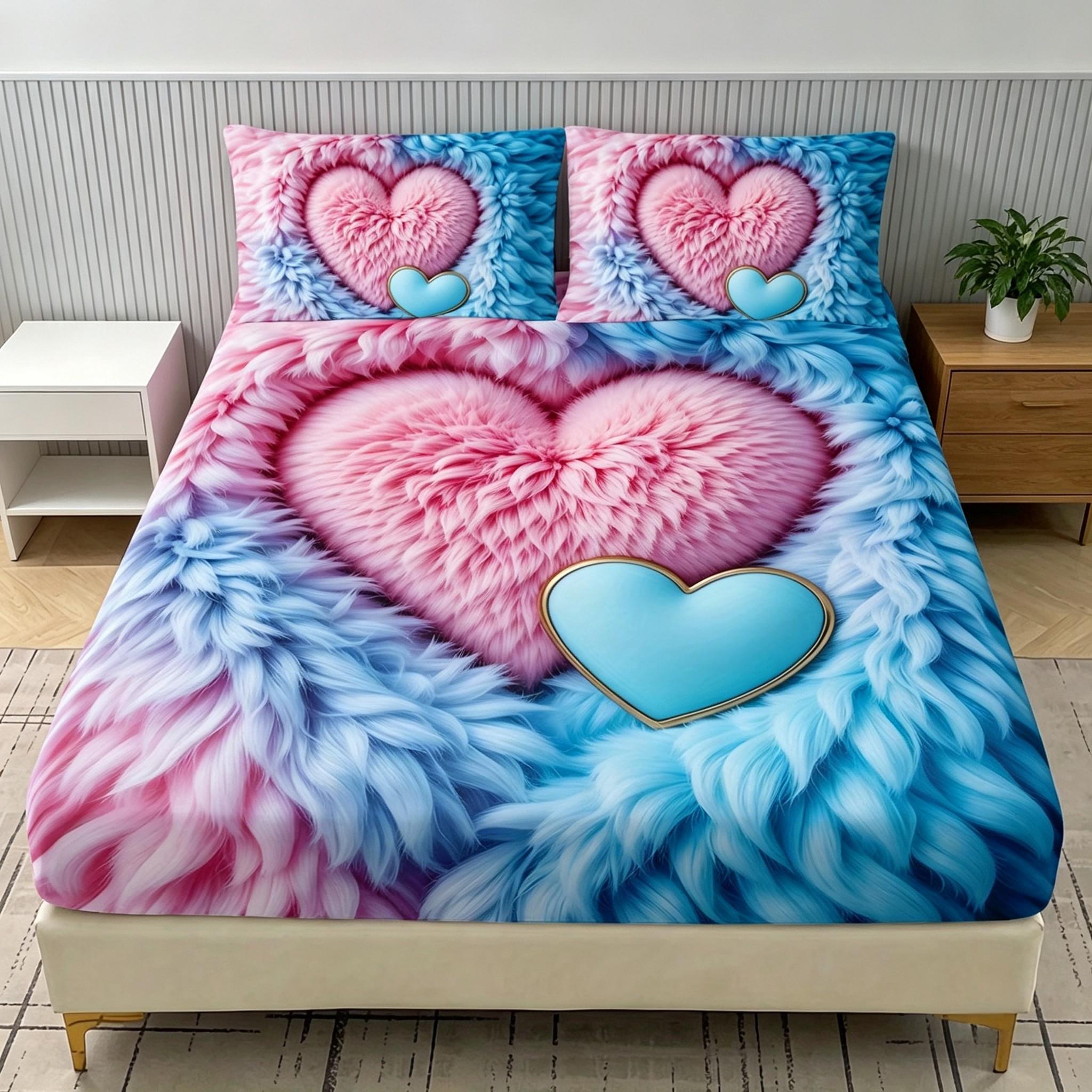 3D Plush Heart Bed Skirt, Full Coverage Non-Slip Mattress Protector, Soft Skin-Friendly All-Season Bed Cover, Student Dorm Home Use