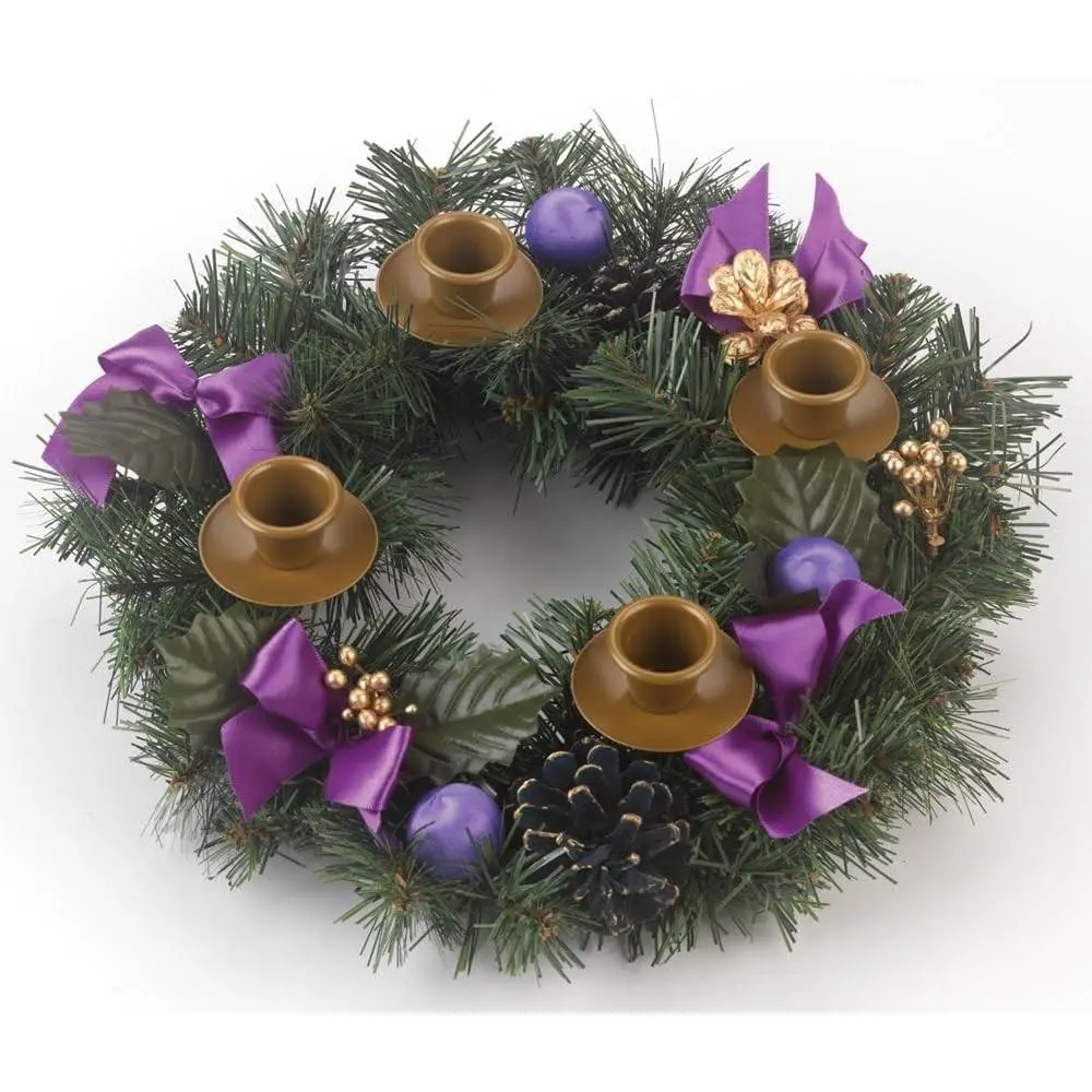 Purple Ribbon Advent Wreath - Durable Construction 11" Diameter Traditional Advent Wreath Candle Holder