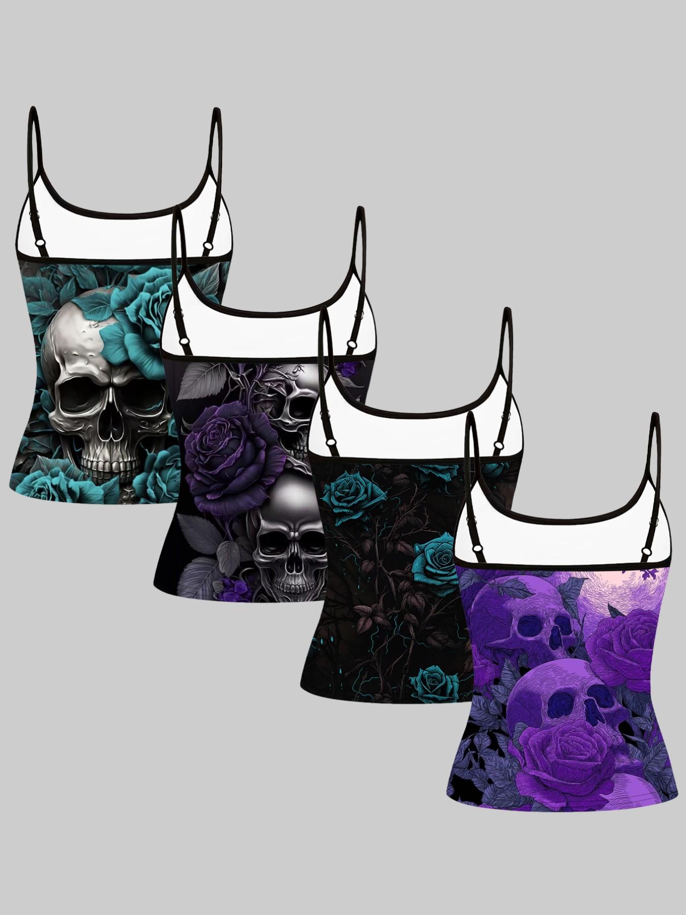 Gothic Skull Rose Print Strappy Top, Summer Home Sleepwear, Casual Slim-Fitting Outerwear, Unique Bodycon Shirt Set of Four
