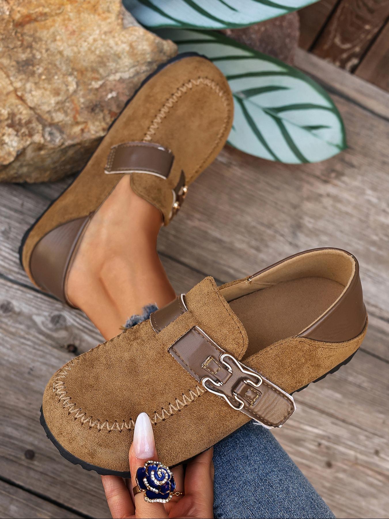 Women's Leopard Print Suede Mule Slippers, Metal Buckle Thick Sole, Retro Casual Half Slipper, Comfortable All Season Shoes