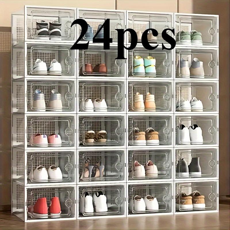 24 pcs thickened transparent storage shoe box with lid, foldable stacked shoe storage box, durable shoe box is suitable for all kinds of shoe types, ideal for home dormitory wardrobes, space-saving shoe racks, Foldable shoe organizer