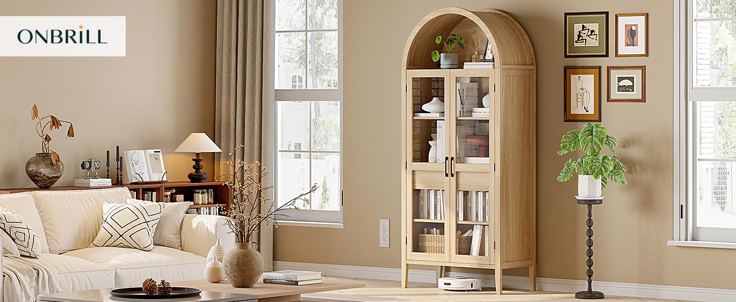 【SPOTLIGHT DAY】ONBRILL 71" Tall Arched Cabinet, 5-Tier Arched Kitchen Pantry with Glass Doors & Drawer, Modern Display Pantry Cabinets with Adjustable Feet, Wooden Pantry for Kitchen, Living Room Furniture, Dining Room Furniture