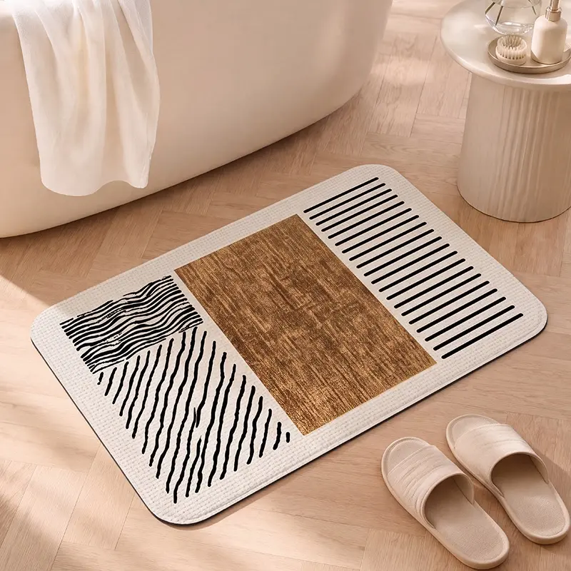 Geometric Wave Design Bath Mat, Absorbent Quick-Dry, Non-Slip Durable, Easy Clean, Modern Vintage Style, for Bathroom & Laundry Area
