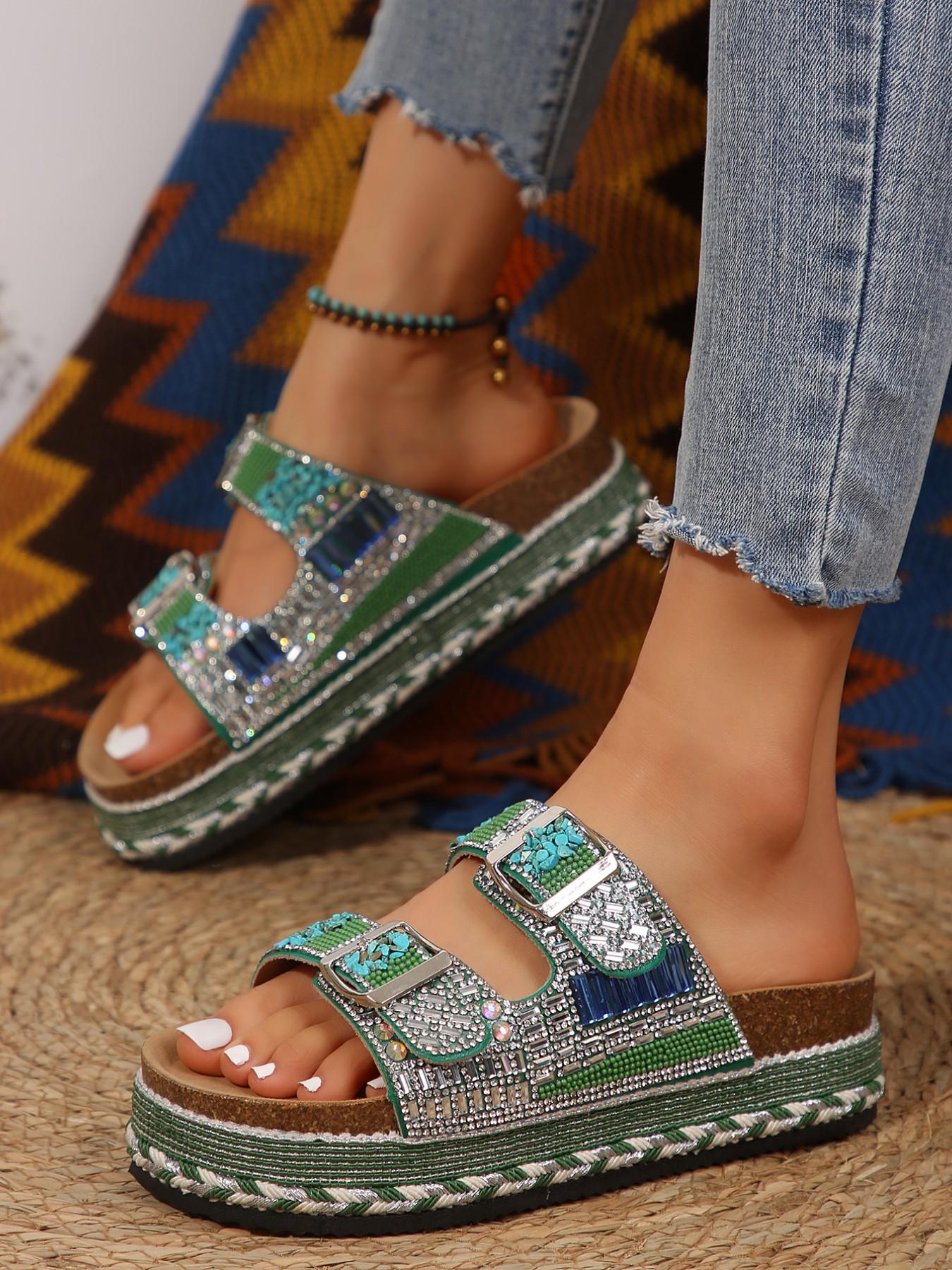 Women's Summer Fashion Thick Sole Sandals Bohemian Style Platform Slides 2026 New Trendy Rhinestone Colorful Stone Slippers O Wedge Beach Shoes Must-have for Coastal Vacation Flexible Sandals