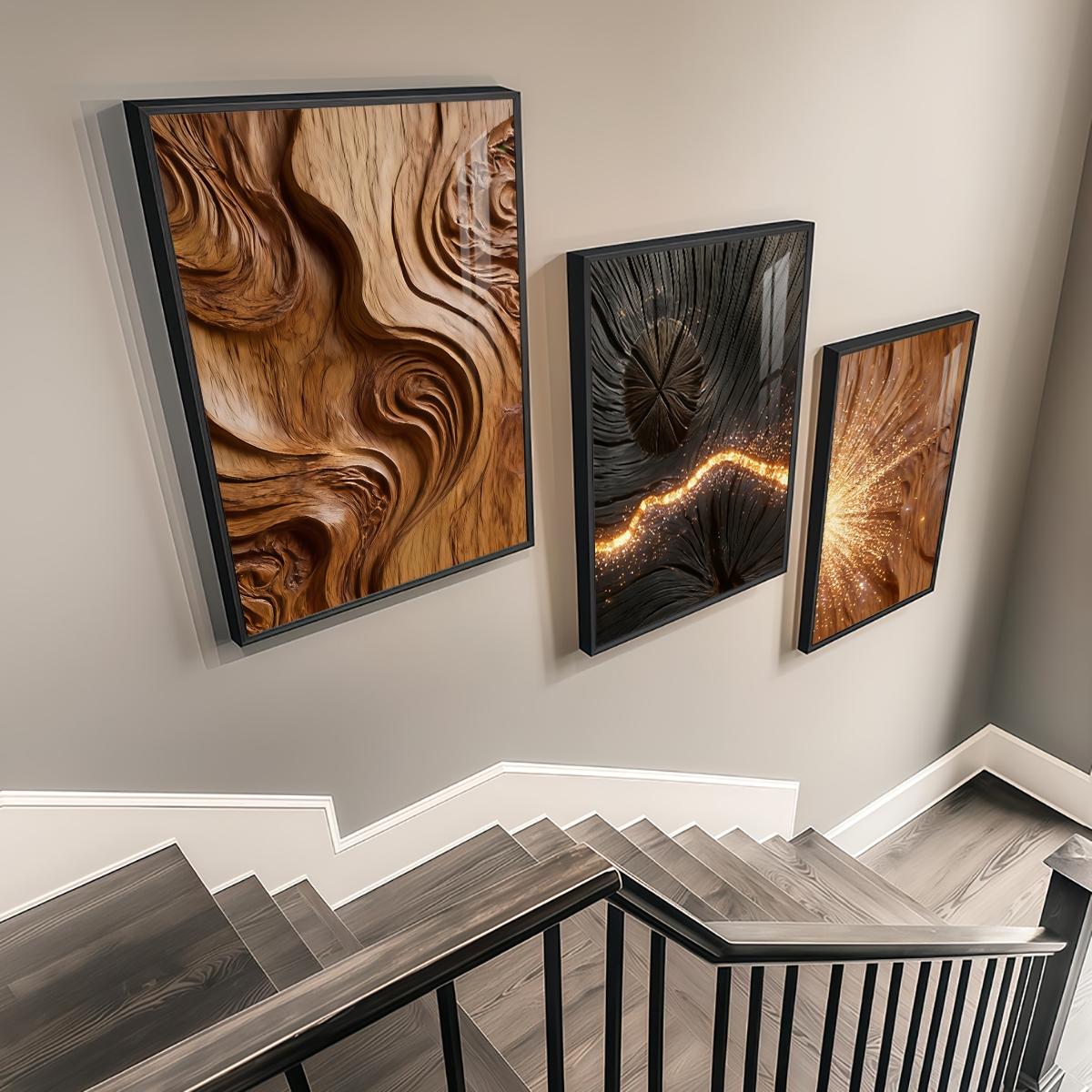 3 Counts Aluminum Alloy Framed Painting, Abstract Wood Texture And Golden Spark Art Pictures, Home Decoration For Living Room, Bedroom, Office, Restaurant, Hallway Wall Decor, Odorless Print Artwork, Luxury Perfect Gift For Friends And Family