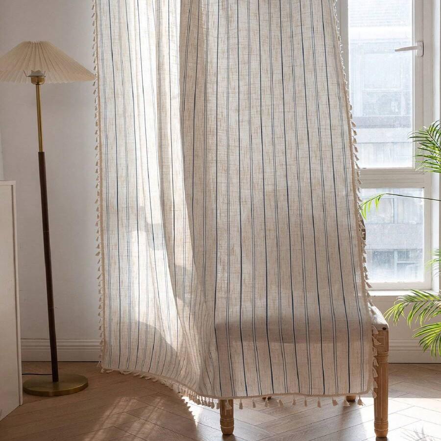 Luxurious Cotton Linen Drapes with Fringe Trim, Semi-Transparent Noise-Dampening UV Protection Curtain for Living Room & Bedroom