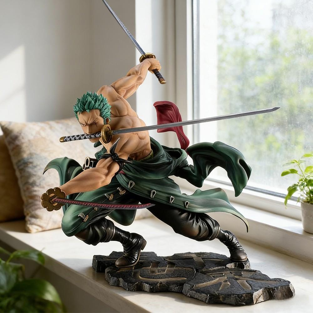 One Piece Roronoa Zoro Figure! Three Sword Style Battle Pose with Muscle Detail，Stunning Zoro Action Figure, Perfect Desk Decor for Otakus，Roronoa Zoro Three Sword Style Statue