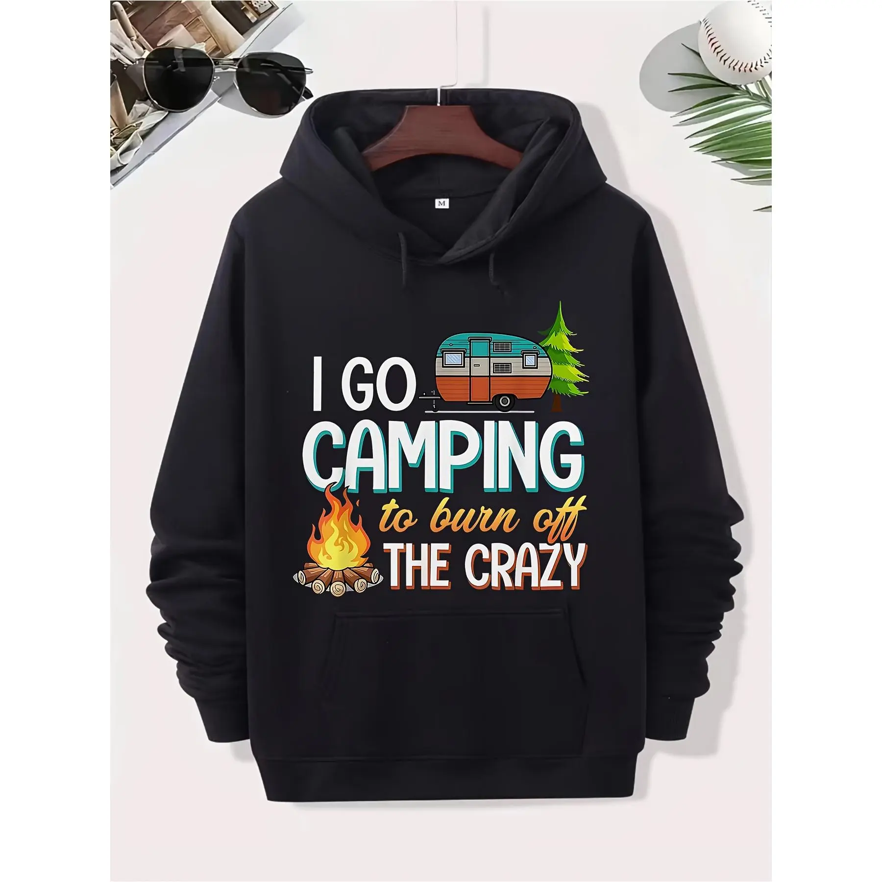 Men's & Women's Vintage Fun Camping Hoodie‑ Slogan "I Go Camping To Unleash My Wild Side", Cotton Pullover With Kangaroo Pocket, Campfire & Pine Tree Design, Casual Outdoor Apparel