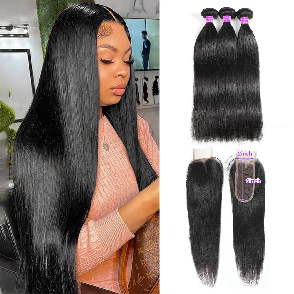 Silky Straight Human Hair Bundles 2x6 /4x4 Lace Closure With Bundles Straight Bundles With Closure 4x4 Inch Human Hair Bundles With Closure Virgin Human Hair Bundles with Closure Free Part Black Friday