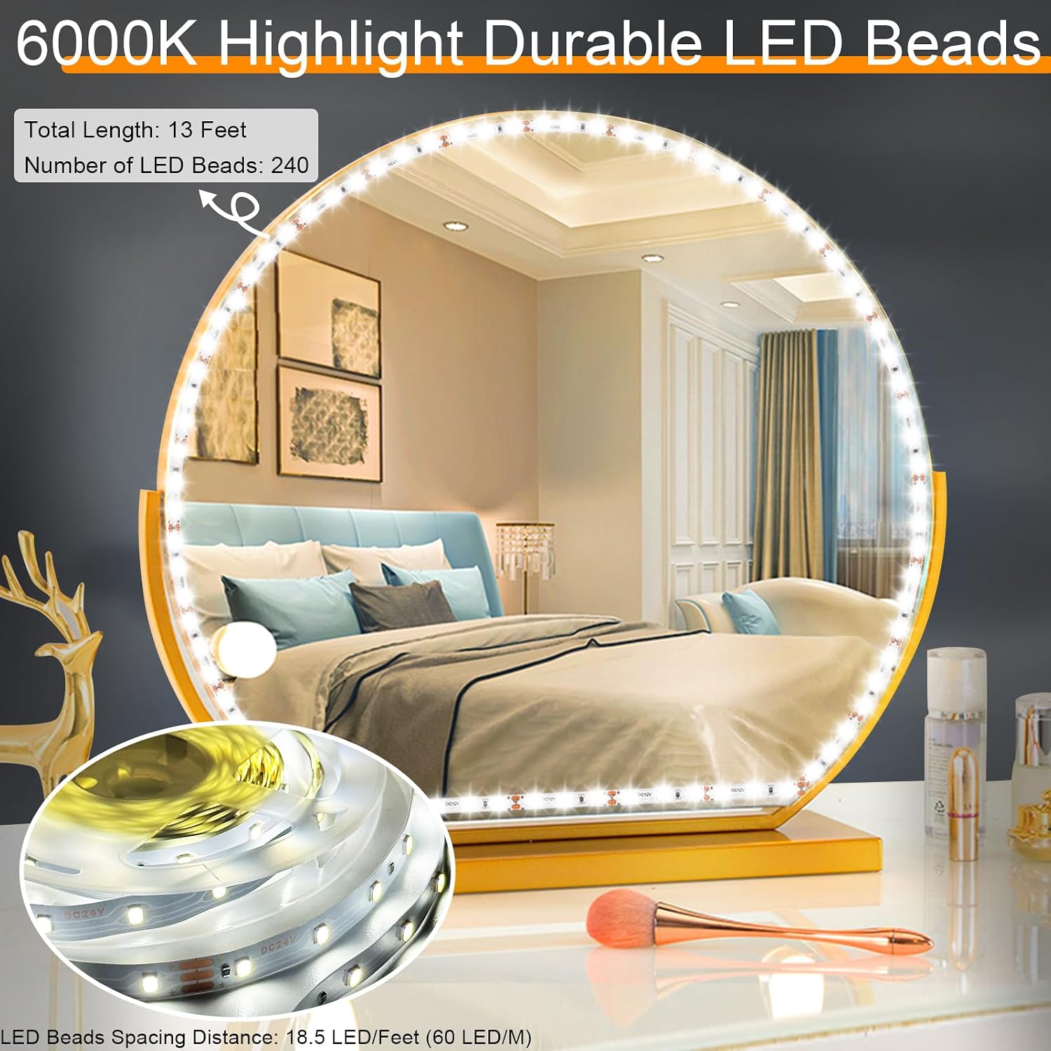 LED  Mirror Lights for Makeup Table, 6000K  | 13ft Flexible  Set 13ft Flexible LED Light Strip Kit, Dimmer and Power , DIY Mirror, Mirror not Included, Dimmable
