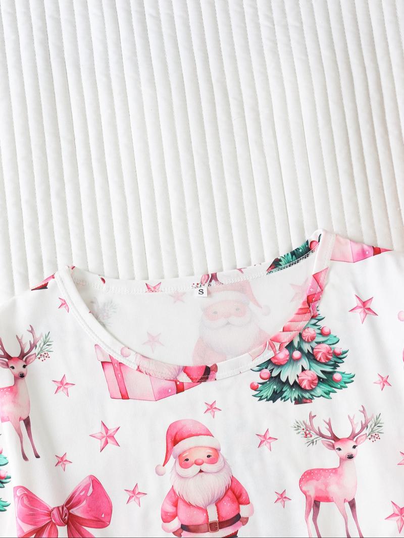 Women's Christmas Santa Gift Pajama Set, Round Neck Long Sleeve & Loose Comfortable Pants, Casual Fitted Sleepwear Loungewear for All Seasons