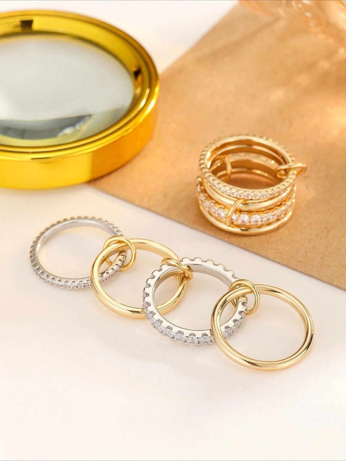 4pcs/3pcs Glamorous Personalized Cubic Zirconia Multi-Layer Adjustable Copper Alloy Colorful Elegant Fashion Stackable Finger Rings
